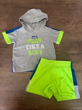 Athletic Works Boys "Play Like A Boss" Hooded Tee & Neon Green Shorts Set (3-6m)